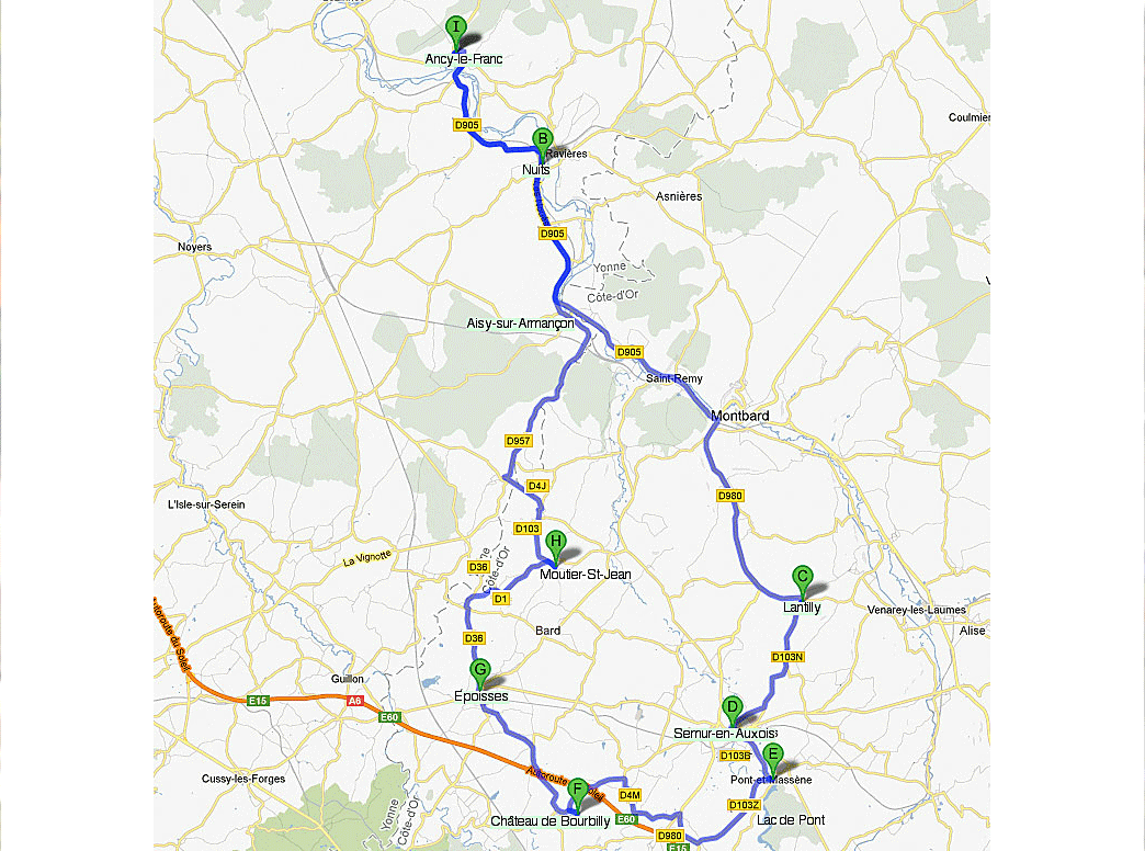 Carte touristique ,circuit Semur-en-Auxois-Epoisses