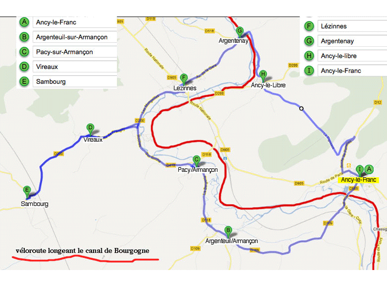 carte touristique d'Ancy-le-franc boucle Lezinnes,Argentenay,Ancy-le-Libre..