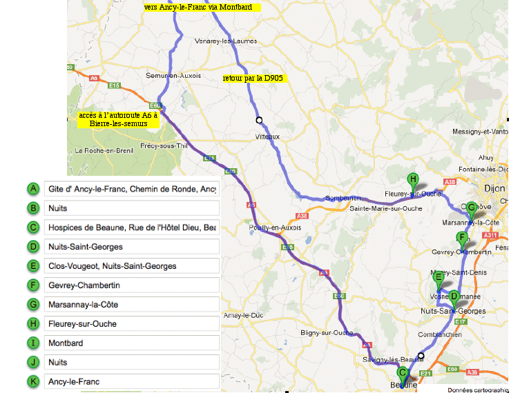 carte touristique circuit Ancy-le-Franc Beaune