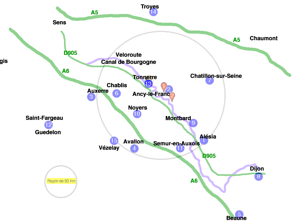 Ancy-le-Franc et son prestigieux Palais Renaissance , Nuits et son chteau ancien bastion au temps des guerres de religion , transform en demeure de plaisance sont au coeur d'un espace exceptionnellement touristique ,bord par la Seine et l'Yonne,il est compos d'un peu de Bourgogne et de deux doigts de champagne. Ce coin de France au paysage bucolique possde un riche et prestigieux patrimoine o l'empreinte visible de l'homme remonte  environ 20 000 ans.