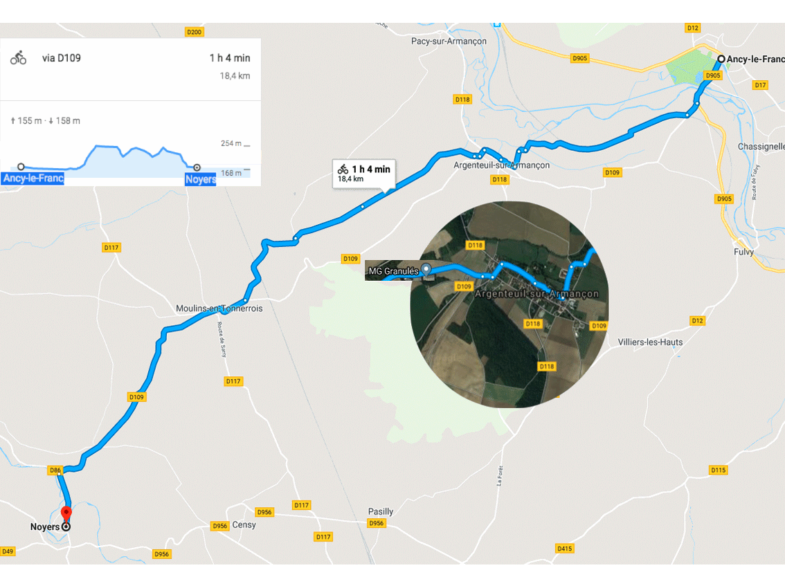 Carte de la véloroute du canal de Bourgogne, depuis le gite d'Ancy le Franc à Noyers sur serein